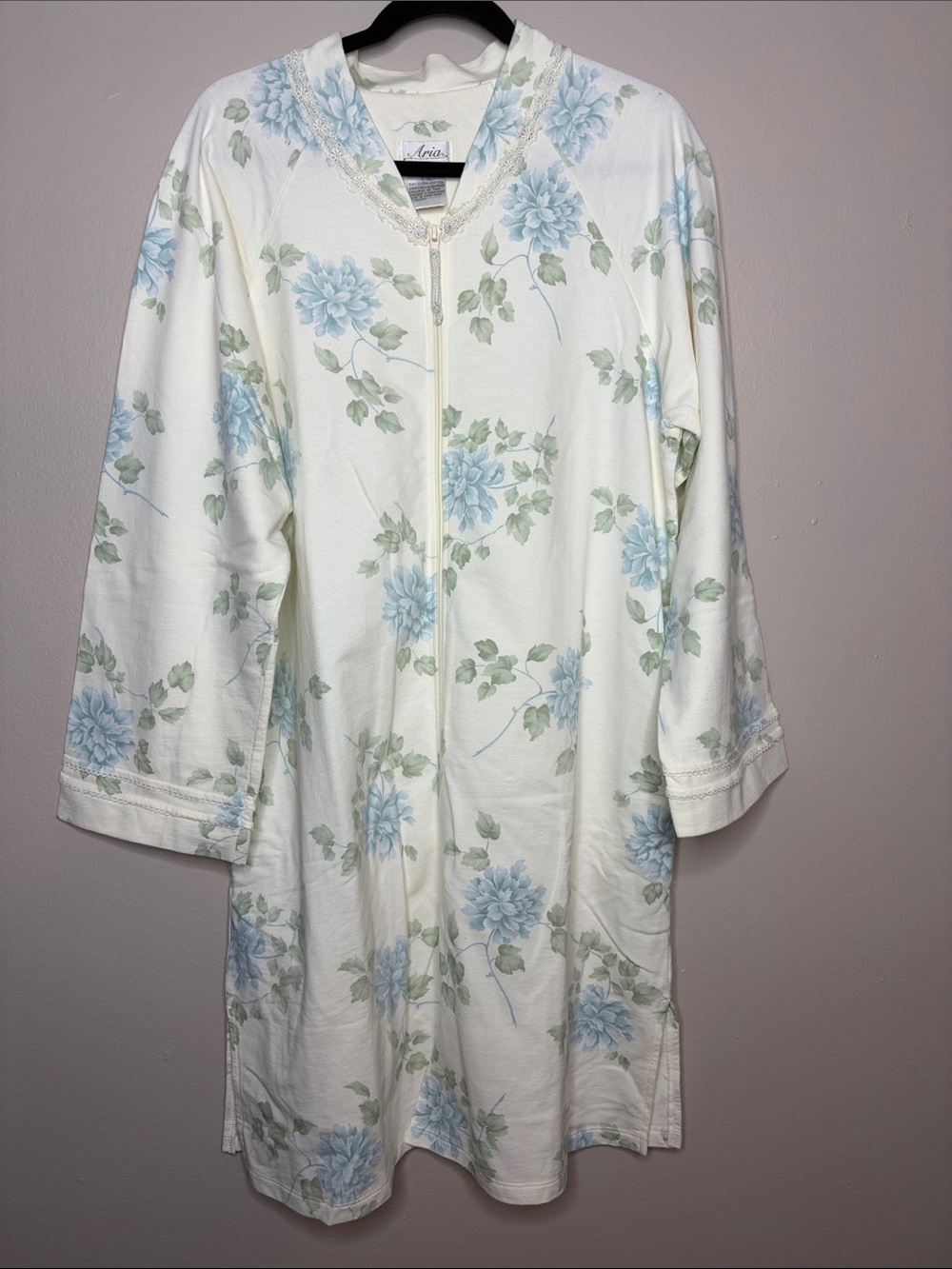 Vintage Aria Floral Full-Zip Duster Robe Housecoat Lace Trim Blue Cream L-XL